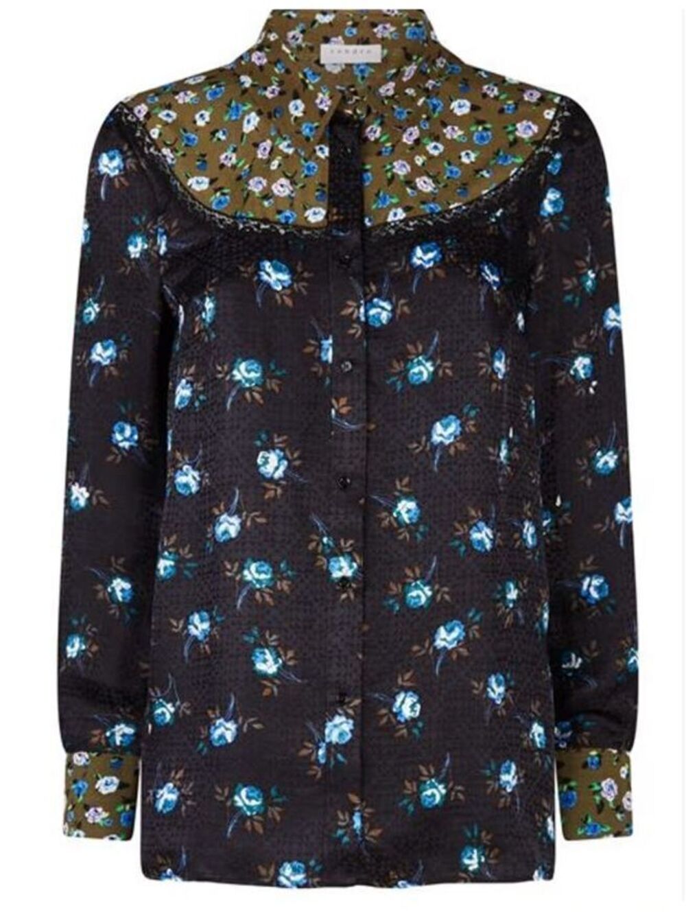 Sandro Paris Black Blue Floral Silk Blend Button Down Blouse